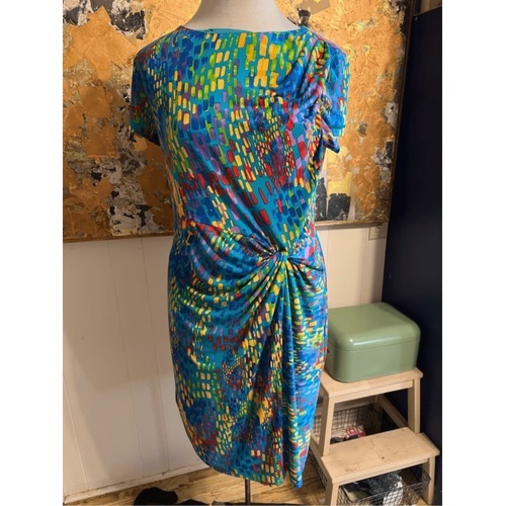 Ellen Tracy Colorful Short Sleeve Sheath Dress W/ Side Gather 16